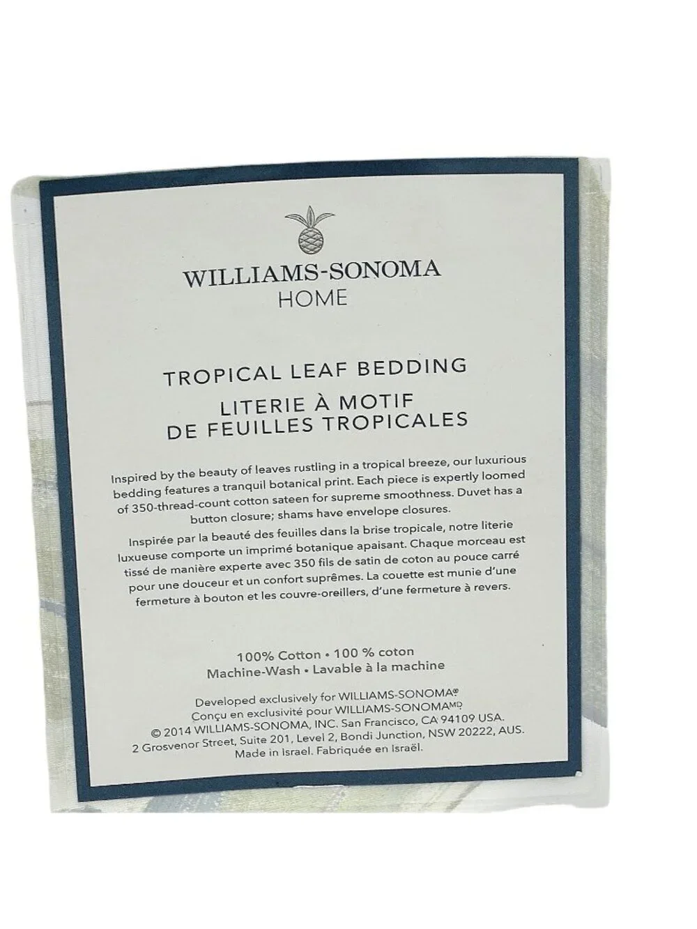 WILLIAMS SONOMA Euro Sham Tropical Leaf 100% Cotton Sateen Pillow Cover NWT